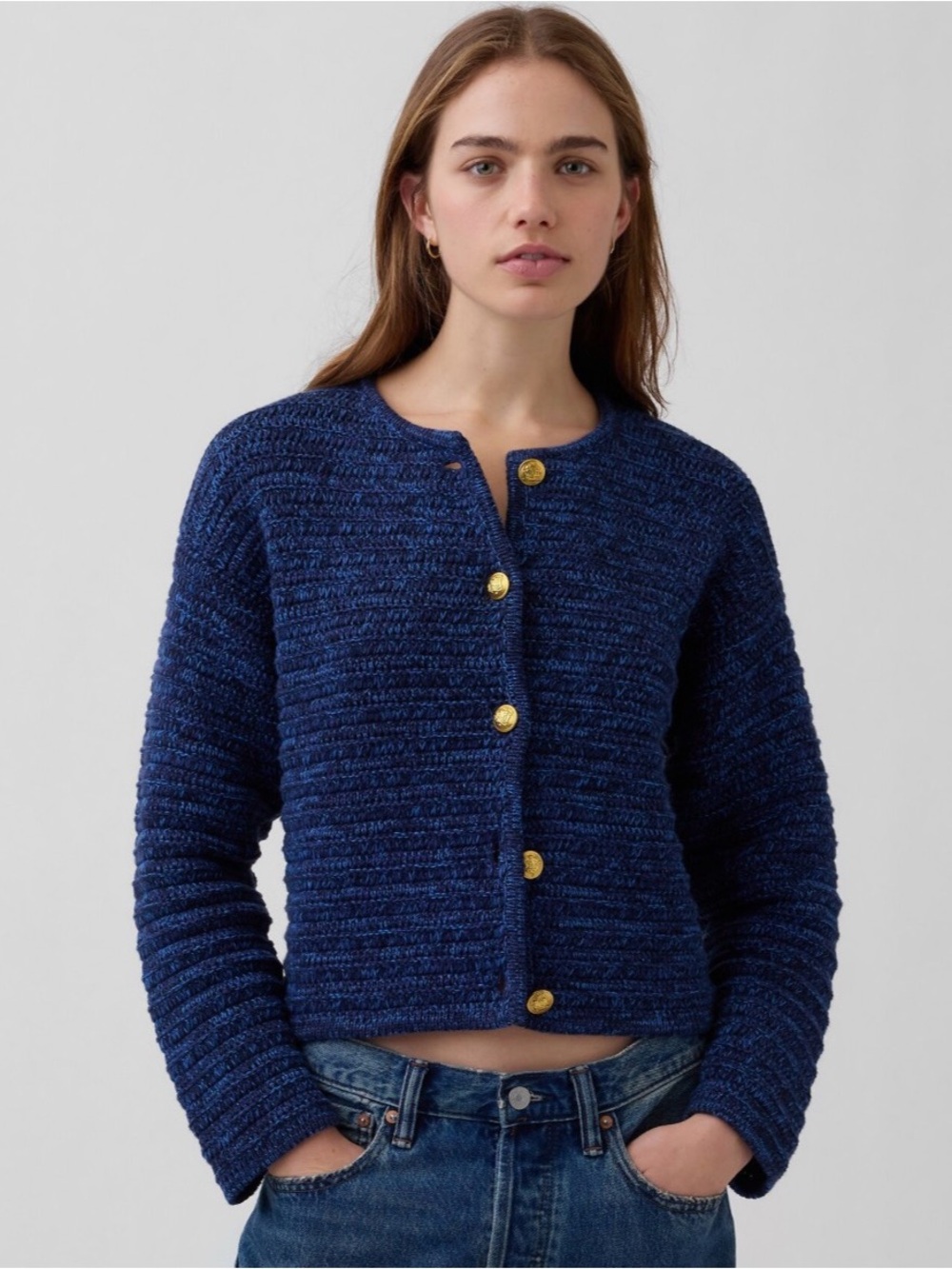 Navy Textured Button-Front Women's Sweater